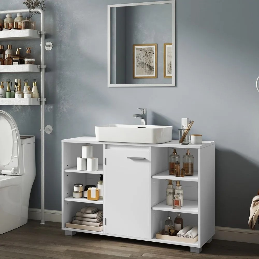 Armário de casa de banho 30 x 90 x 60 cm para lavatório (NÃO INCLUIDO), com prateleiras ajustáveis e pés Branco