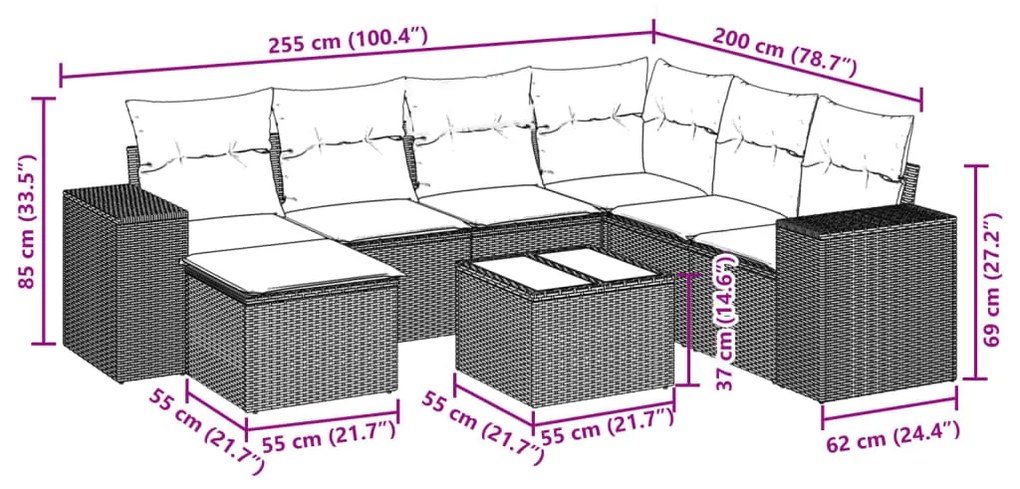 8 pcs conjunto sofás de jardim c/ almofadões vime PE castanho