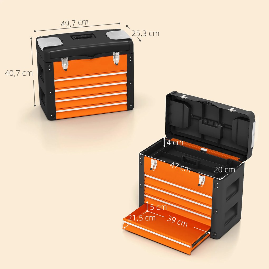 Caixa de Ferramentas com 4 Gavetas, 49,7 x 25,3 x 40,7 cm, Tabuleiro Superior Amovível, Laranja