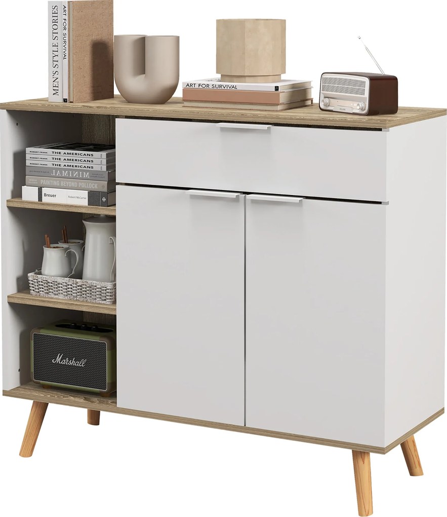 Móvel de arrumação 95 x 35 x 85 cm para cozinha com 1 gaveta, 1 armário de duas portas e 3 prateleiras ajustáveis, branco e natural