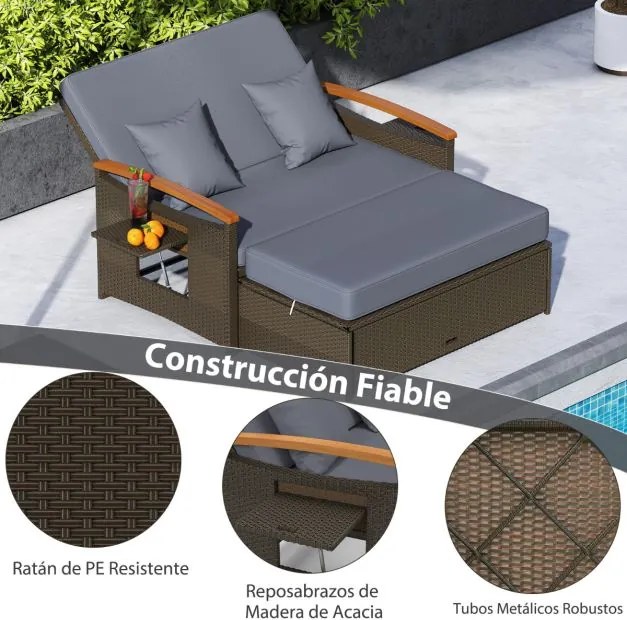 Sofá-cama de rattan para exterior com apoio para os pés com arrumação Encosto ajustável em 4 níveis e tabuleiros laterais retrácteis Castanho/cinzento