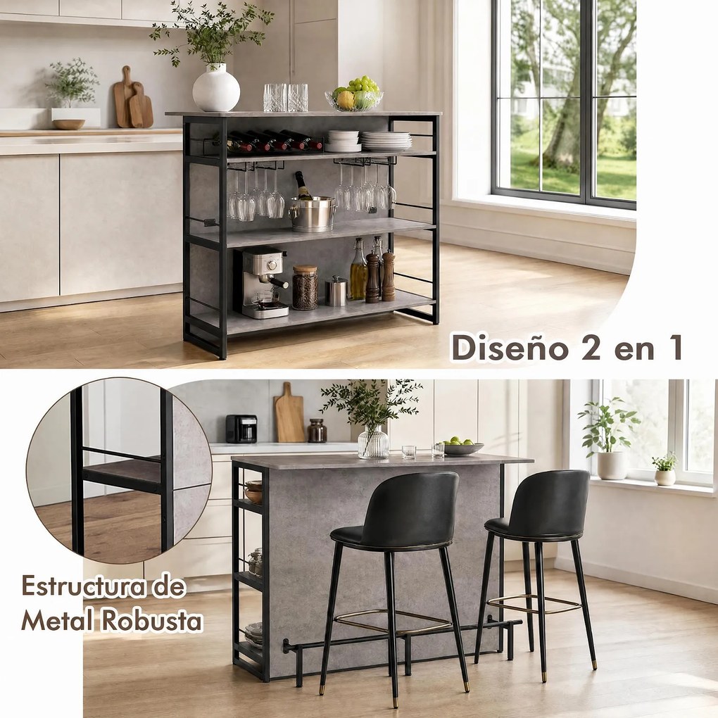 Mesa de Bar, 120 x 60 x 101 cm, Estantes Multinível, Preto e Cinzento