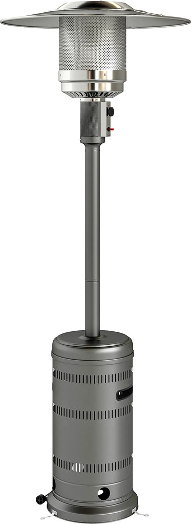 Outsunny Aquecedor a Gás 13 KW com Temperatura Ajustável Proteção Contra Tombos Ignição Piezoelétrica e Rodas 82x82x222 cm Cinzento | Aosom Portugal