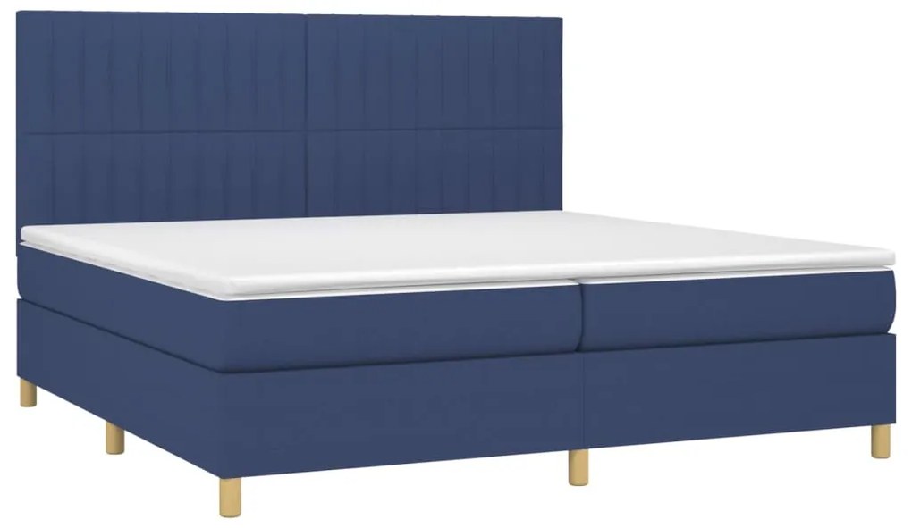 Cama box spring c/ colchão e LED 200x200 cm tecido azul