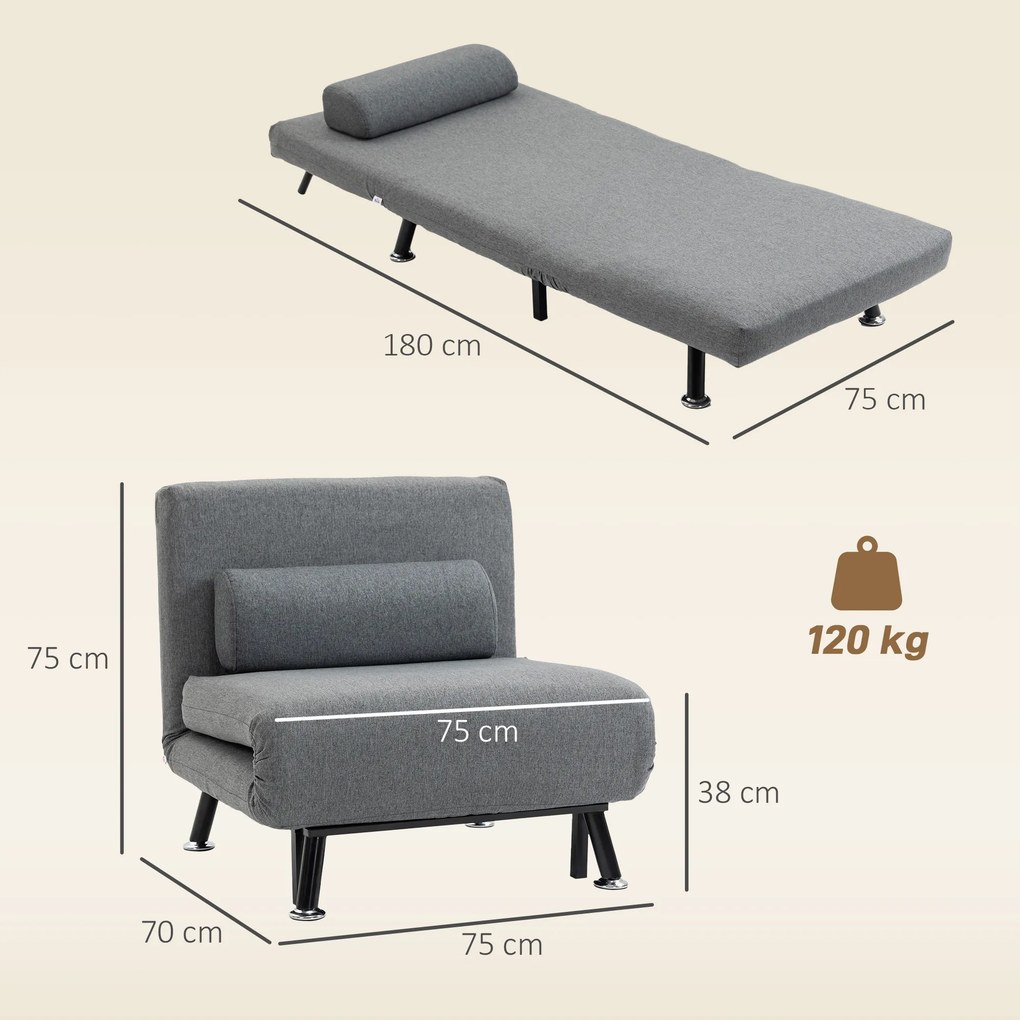 Sofá Cama Individual Dobrável com Encosto Ajustável em 5 Níveis Almofada e Estofado de Linho Sintético 75x70x75 cm Cinzento
