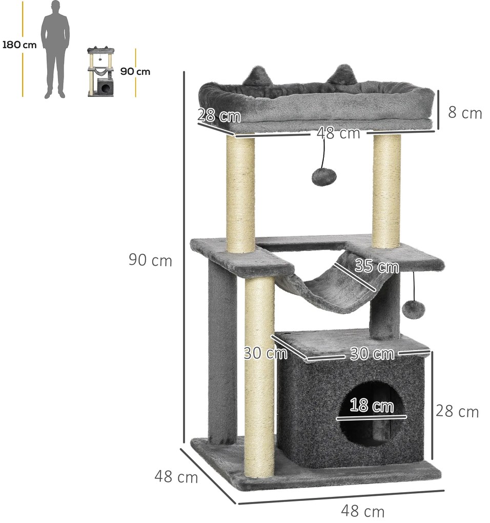 Arranhador para Gatos de 3 Níveis com Caverna Rede Plataforma Bolas Suspensas e Poste de Sisal 48x48x90 cm Cinza