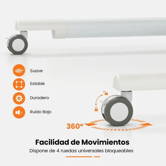 Secretária com altura ajustável em C 95 x 52 x 70-106 cm com rodas bloqueáveis e estrutura metálica para escritório Branca
