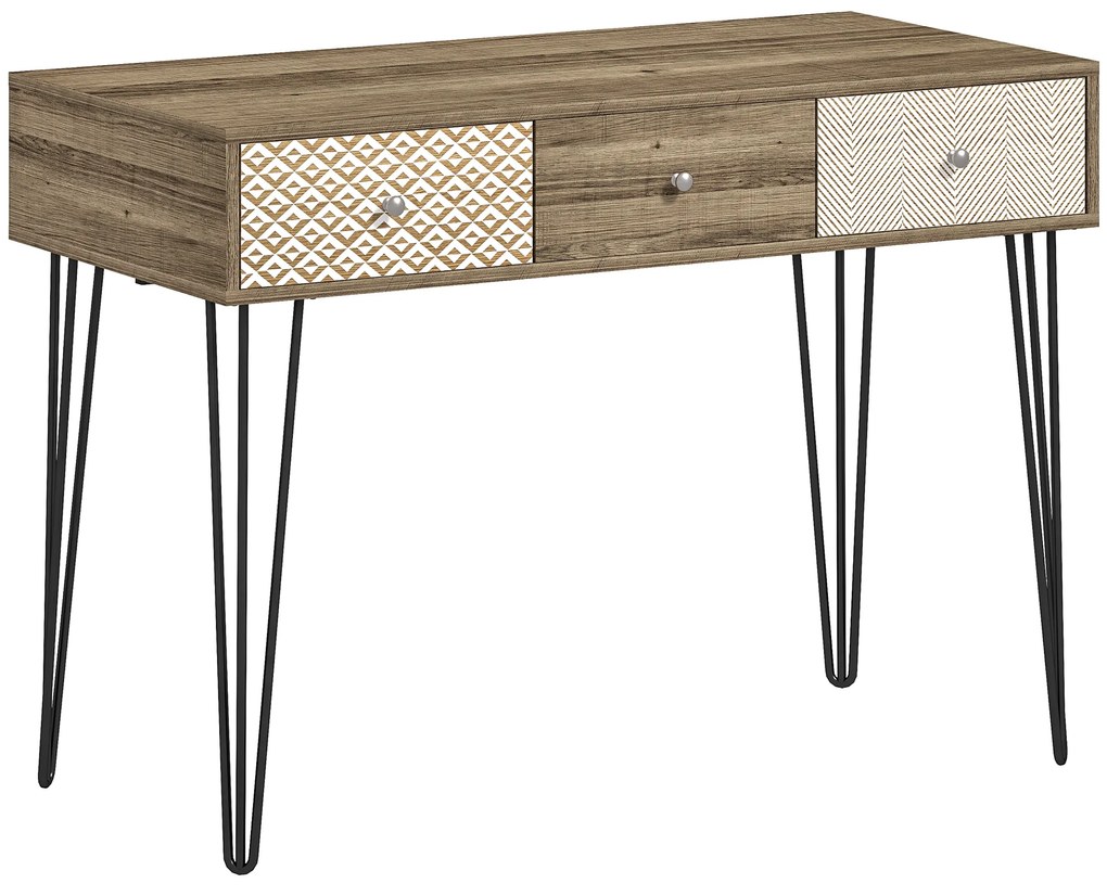 HOMCOM Secretária Estilo Boémio Mesa Secretária com 3 Gavetas e Pés de Ferro para Escritório Dormitório Tocador 105x50x75 cm Madeira