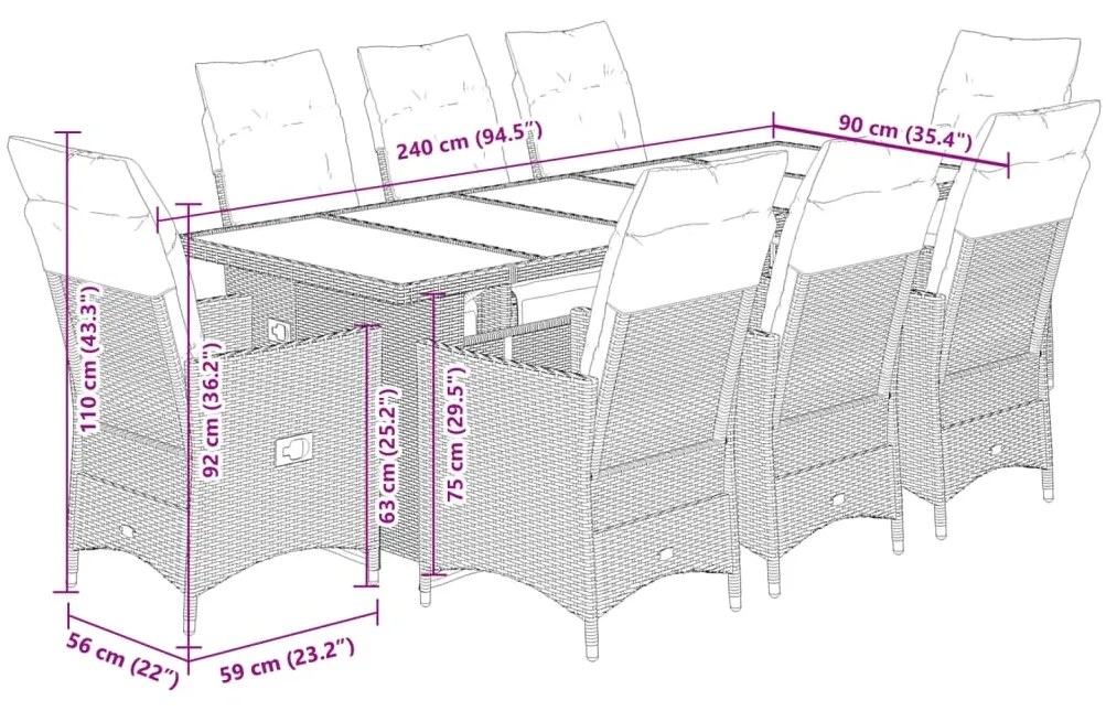 9 pcs conjunto de bistrô para jardim c/ almofadões vime PE bege