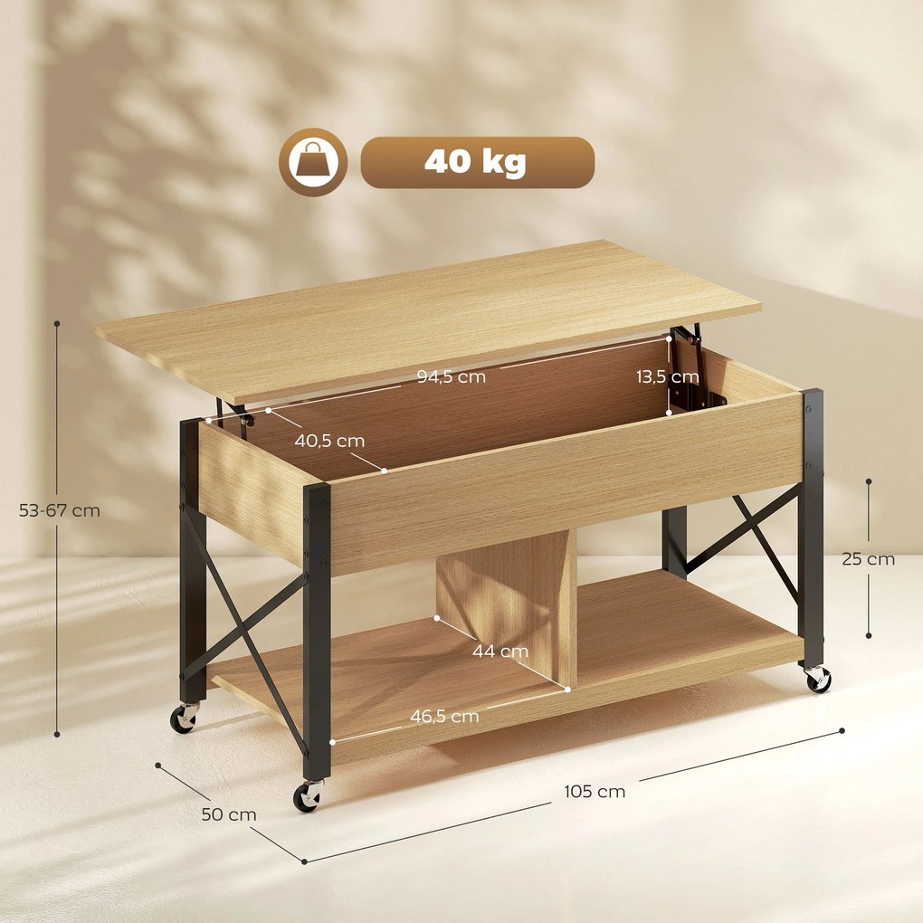 Mesa de Centro Elevatória com Rodas Compartimento Oculto e Prateleiras Abertas 105x50x67 cm Madeira e preto