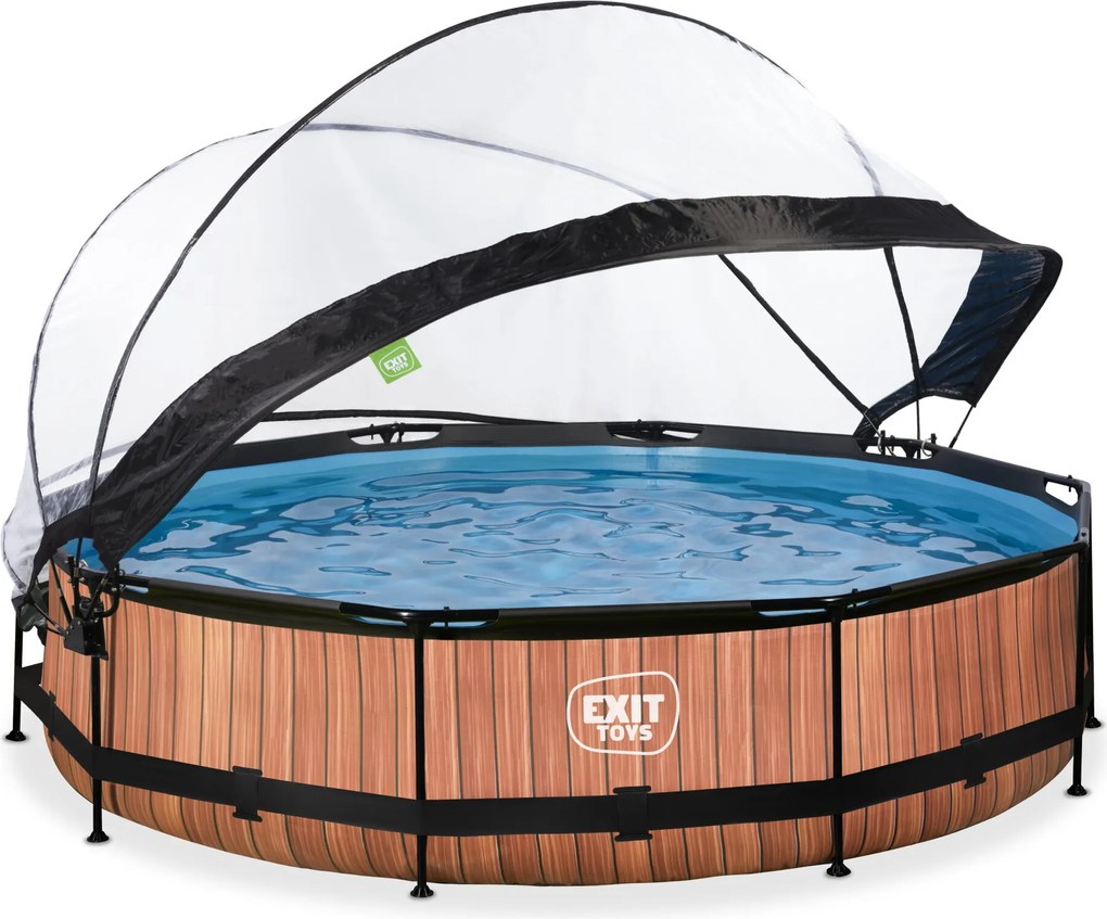 Piscina redonda Wood ø360x76cm com bomba de filtragem e cobertura - Castanha