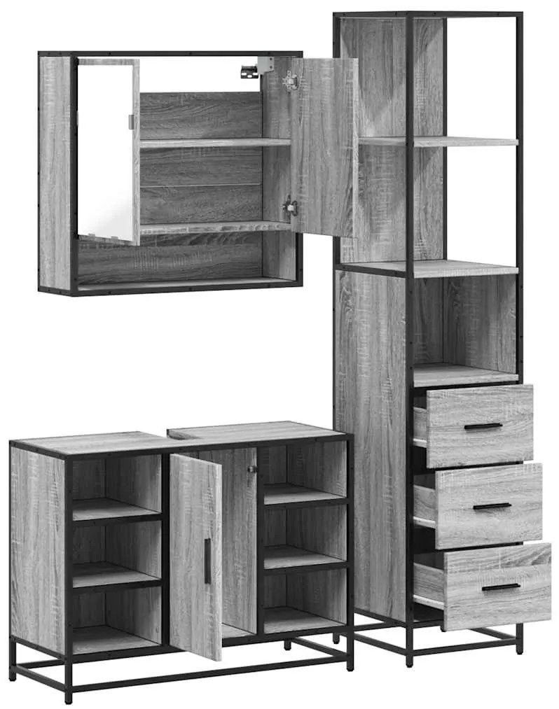 3 pcs Conjunto móveis casa de banho madeira proc. cinza sonoma