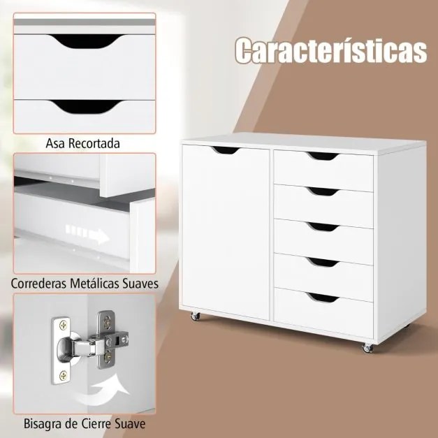 Arquivo escritório 78 x 40 x 65 cm com 5 gavetas com 4 rodas giratórias Branco
