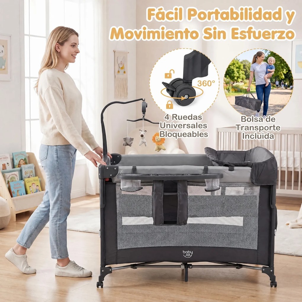 Berço de Viagem Dobrável 5 em 1, 110 x 76 x 77 cm, Altura Regulável em 4 Níveis, Preto
