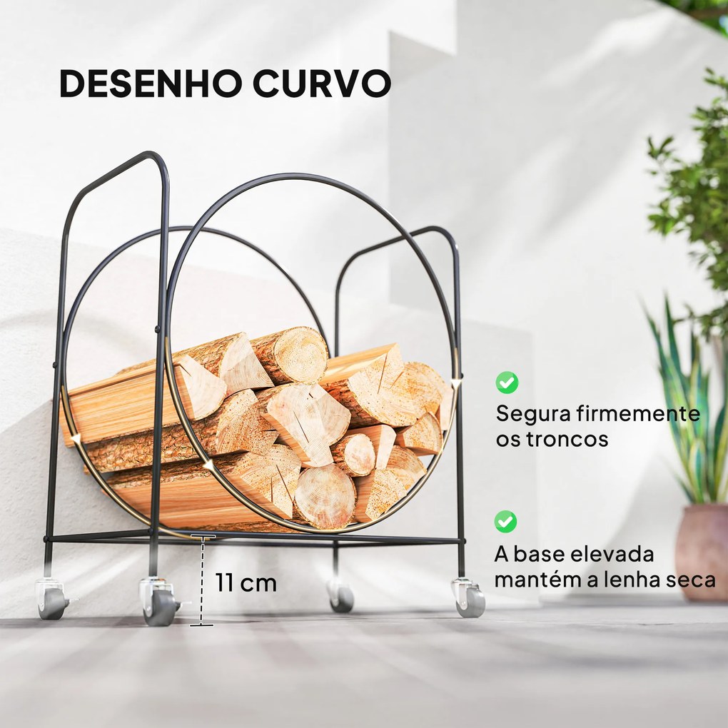 Suporte Metálico para Lenha com Rodas para Interior e Exterior 51x30x60 cm Preto