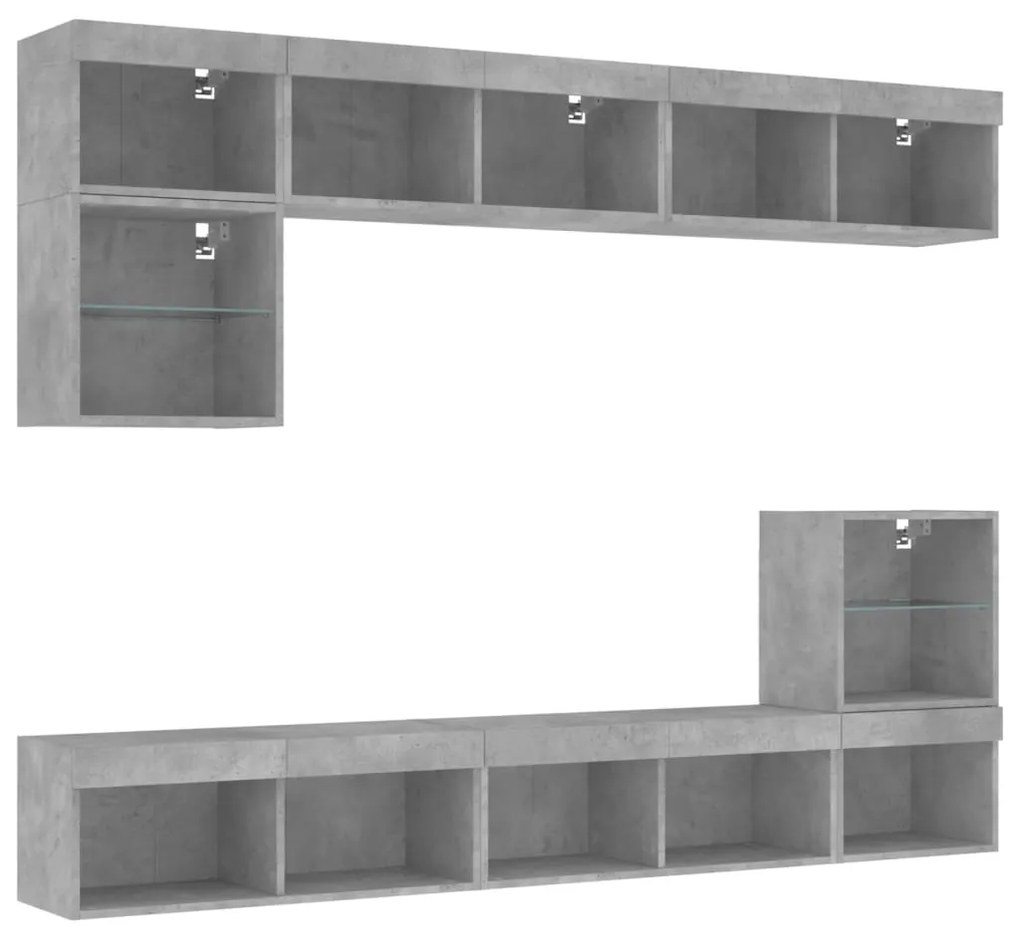 8 pcs móveis parede p/ TV c/ LEDs deriv. madeira cinza cimento