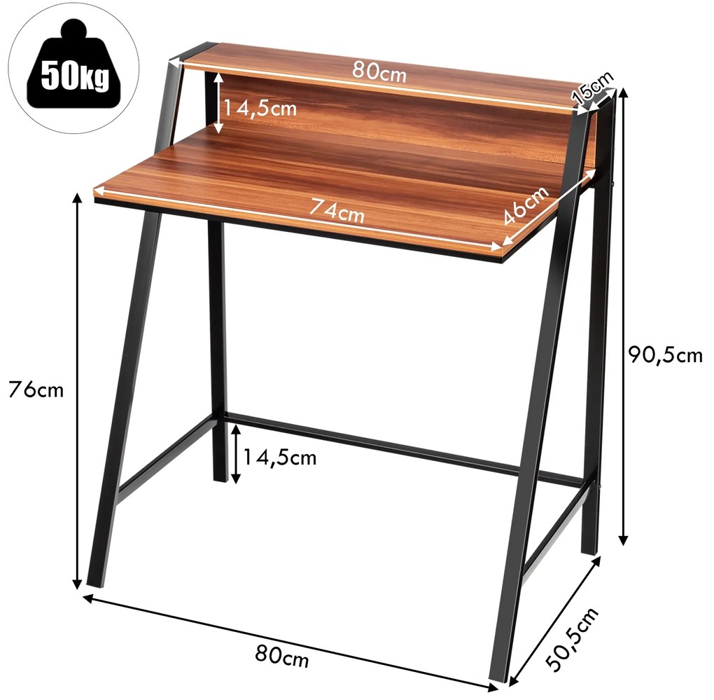 Secretária para computador com 2 níveis para PC Portátil e Notebook para Pequenos Espaços 80 x 50,5 x 90,5 cm