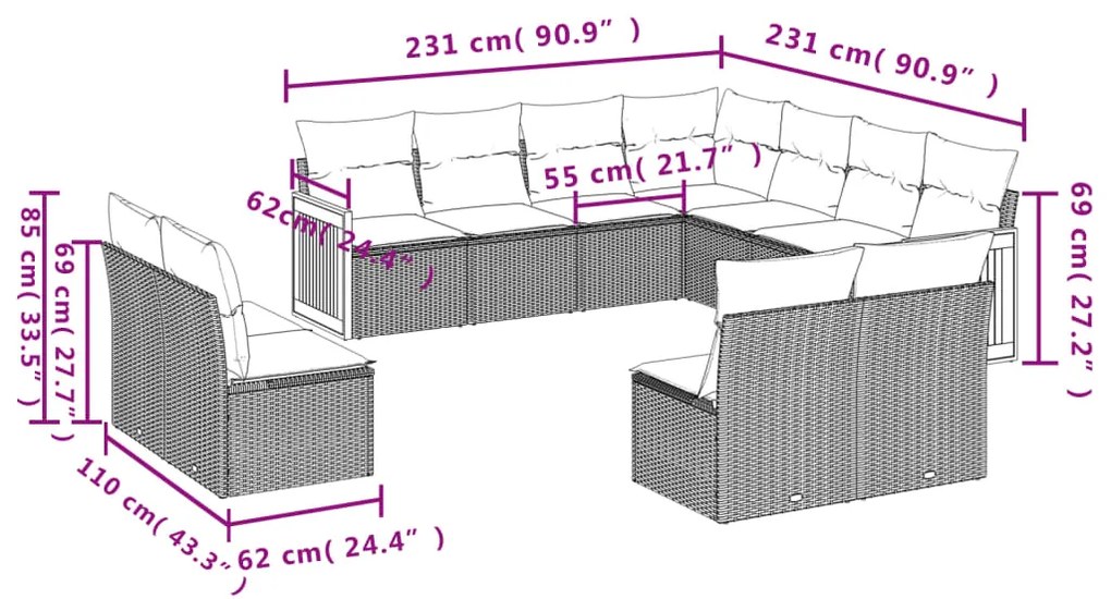 11 pcs conjunto sofás de jardim c/ almofadões vime PE preto