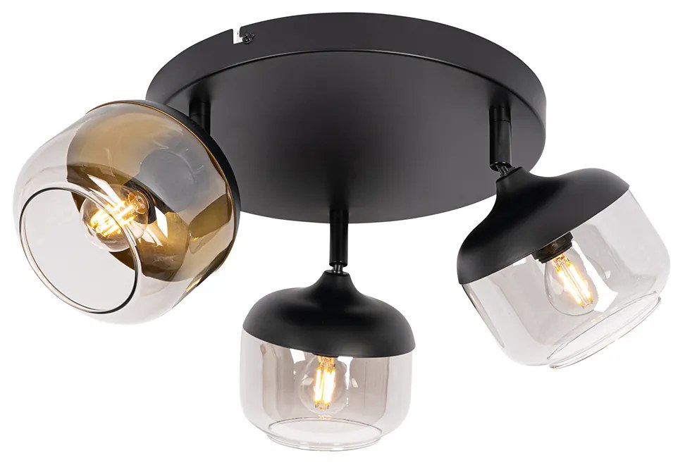 Candeeiro de teto design preto com dourado e vidro fumê 3-luzes redondo - Kyan Design
