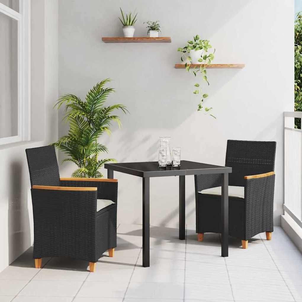 vidaXL Conjunto de Jantar de Jardim com Almofadas 3 Peças na Cor Preta em Rattan Sintético