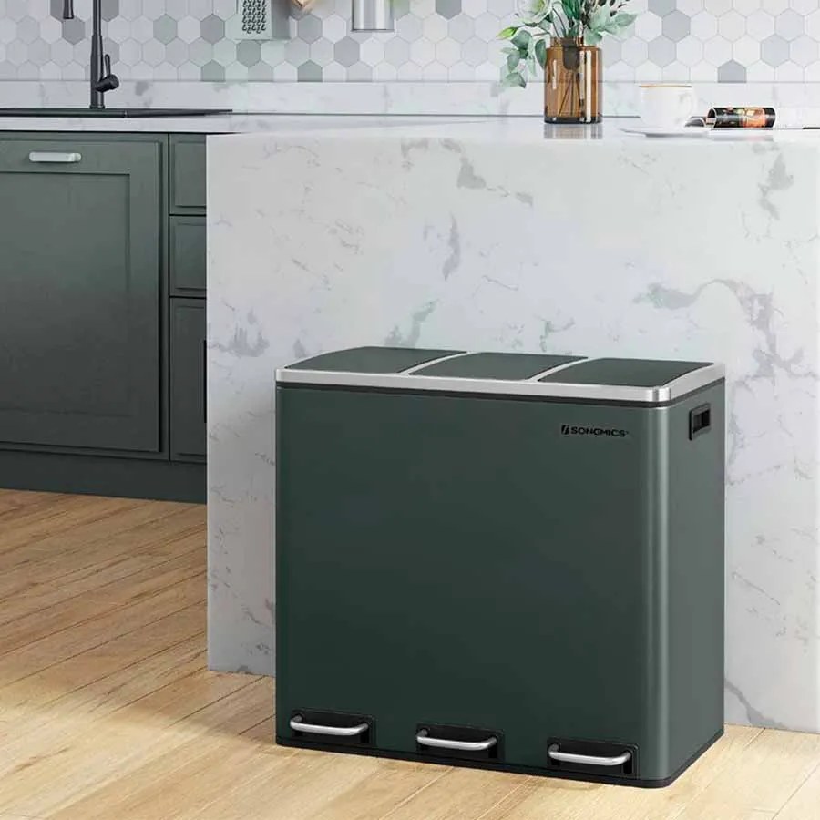 Caixote do lixo para a cozinha com 3 compartimentos 3 x 18 L 61,5 x 31,5 x 56 cm verde acinzentado
