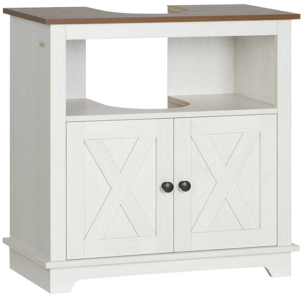 kleankin Móvel para Lavatório Pousar de Madeira Armário Casa de Banho com 2 Portas e Prateleira 60x30x60 cm Branco e Madeira | Aosom Portugal