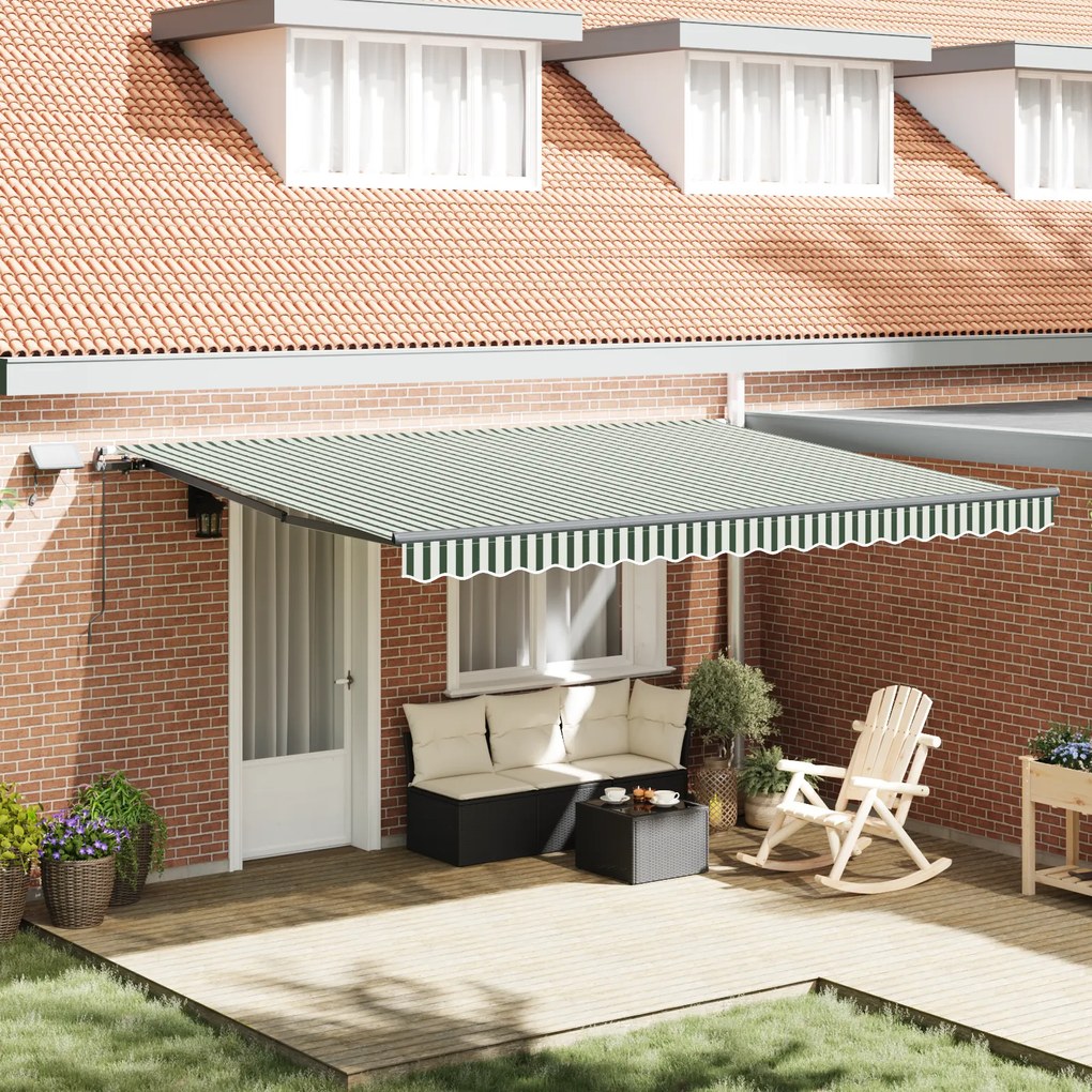vidaXL Toldo Retrátil Manual com LED Verde e Branco 450x300 cm