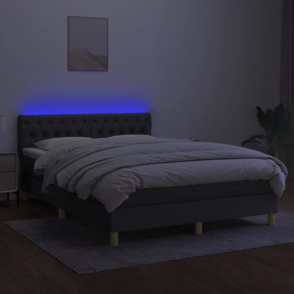 Cama box spring c/ colchão e LED 140x200 cm tecido cinza-escuro