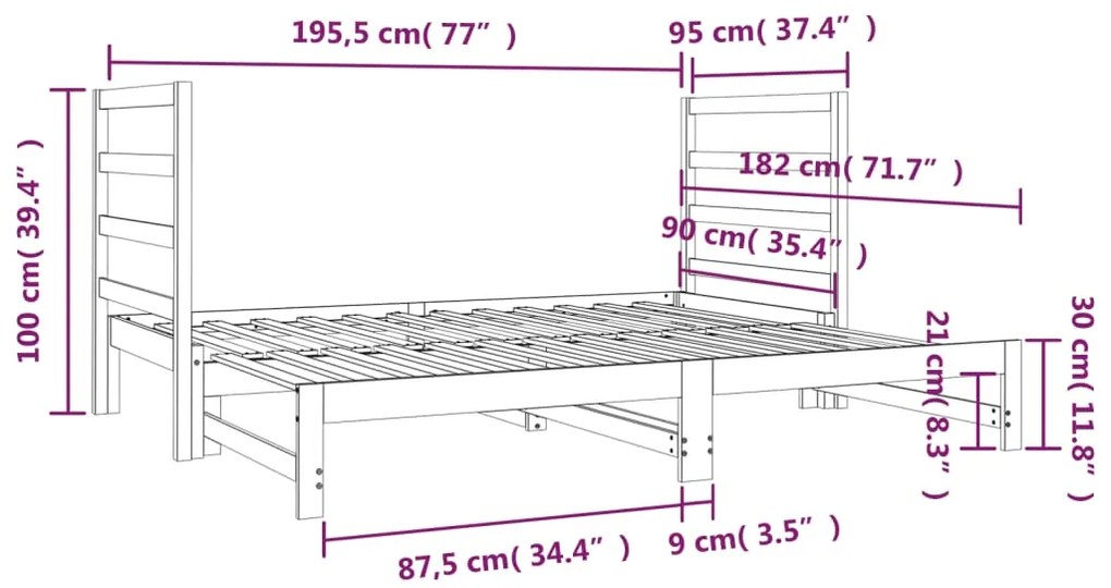 Estrutura sofá-cama de puxar 2x(90x190) cm pinho maciço