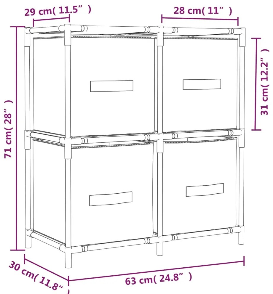 Armário de arrumação com 4 cestos tecido 63x30x71 cm aço cinza
