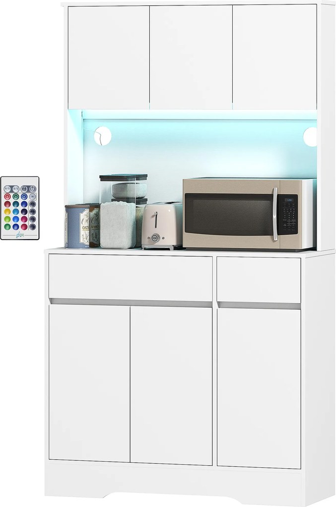 Armário de cozinha 100 x 38 x 180 cm com iluminação LED RGB, bancada, 6 portas, 2 gavetas, branco