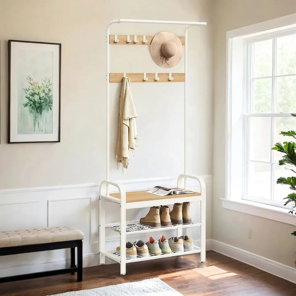 Cabide, móvel entrada com bengaleiro, com banco para sapatos 33,7 x 72 x 183 cm Branco + natural