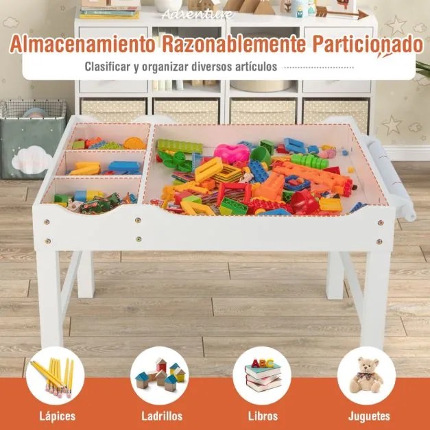 Mesa de actividades para crianças em madeira com encosto reversível, compartimentos e suporte para rolos de papel 86,5 x 60 x 57 cm-Branca