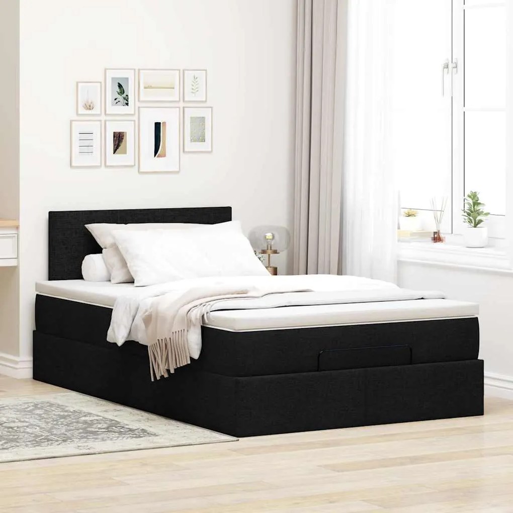 Cama otomana com colchão & LEDs 120x190 cm tecido preto