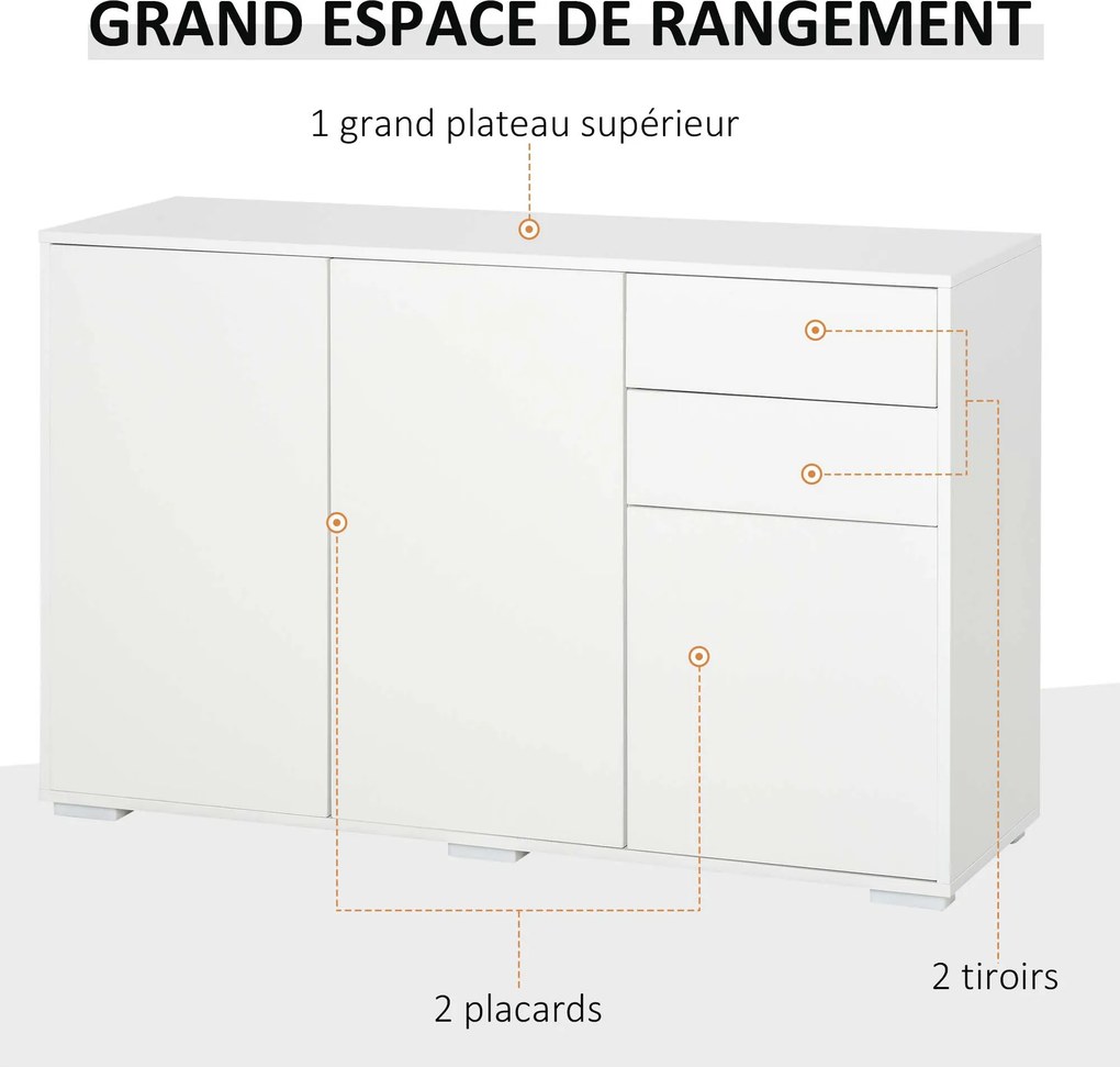 Aparador com 2 gavetas deslizantes, 3 portas e prateleira ajustável, em aglomerado, 117 x 36 x 74 cm, branco