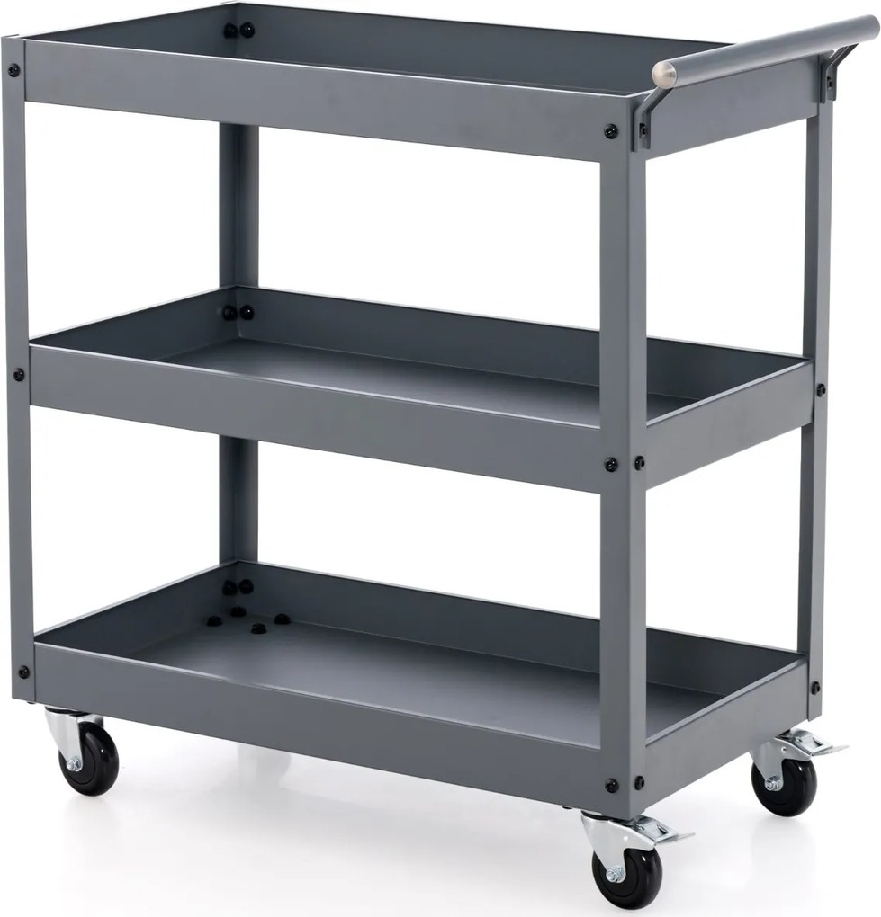 Carrinho utilitário de 3 níveis de alta capacidade metal 77,5 x 38 x 79 cm com 3 prateleiras e pega ergonómica Rodas para escritório Garagem Cinza