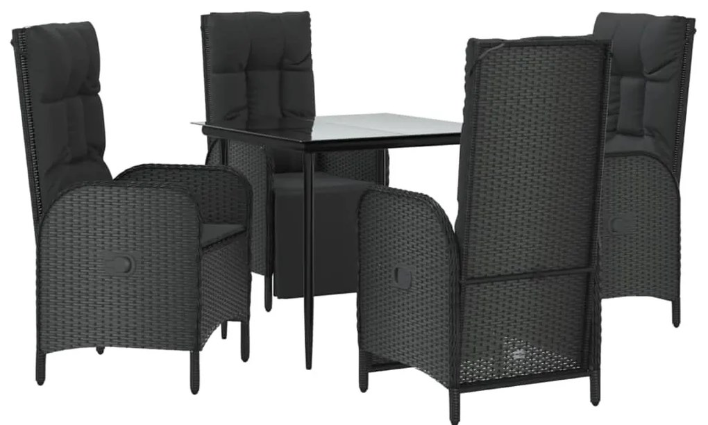 5 pcs conjunto de jantar p/ jardim c/ almofadões vime PE preto