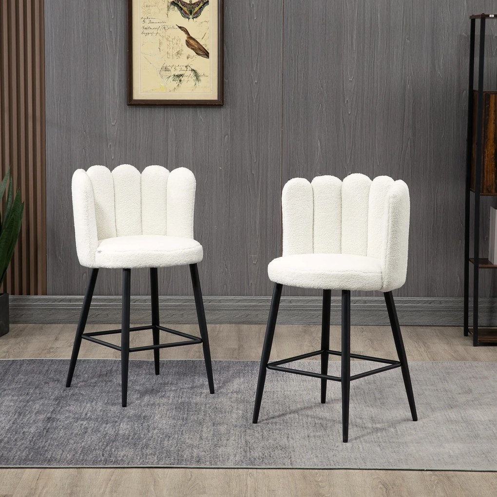 Conjunto de 2 cadeiras altas de bar com apoio para os pés, em aço e tecido com efeito de lã felpuda, altura 65 cm, creme e preto