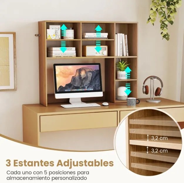 Estante de secretária 94 x 25 x 79 cm com 3 prateleiras ajustáveis e compartimento aberto para monitores até 27" para casa e escritório Natural