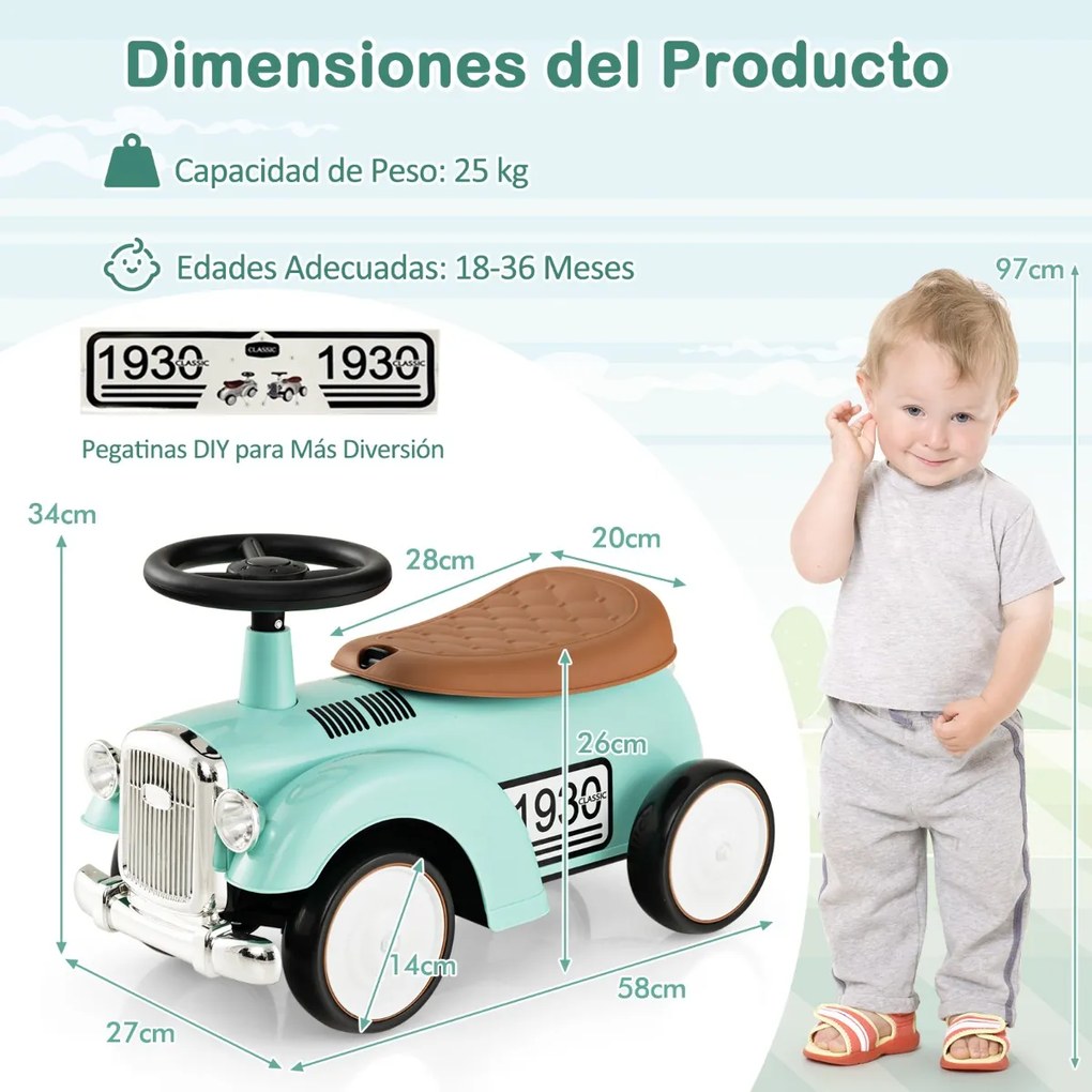 Andarilho de brincar carro retro para crianças, sem pedais, com arrumação e rodas em EVA Verde