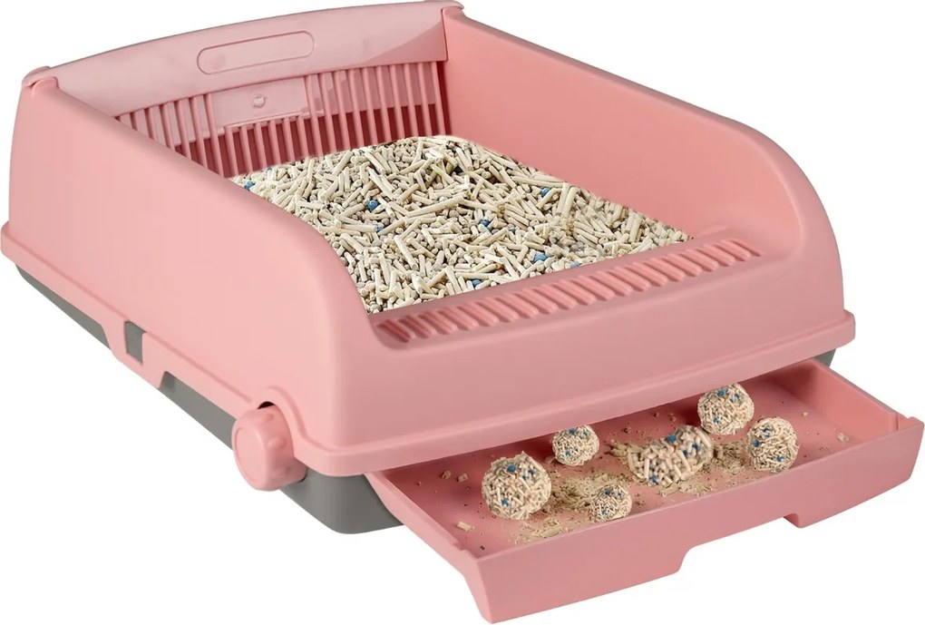 Caixa de areia semi-automática para gatos com tampa aberta, laterais altas anti-respingos, bandeja e pá deslizante rosa