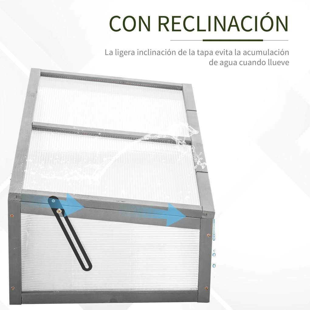 Outsunny Estufa de madeira natural e policarbonato 90x46x28 cm com tampa inclinada para plantas cinza