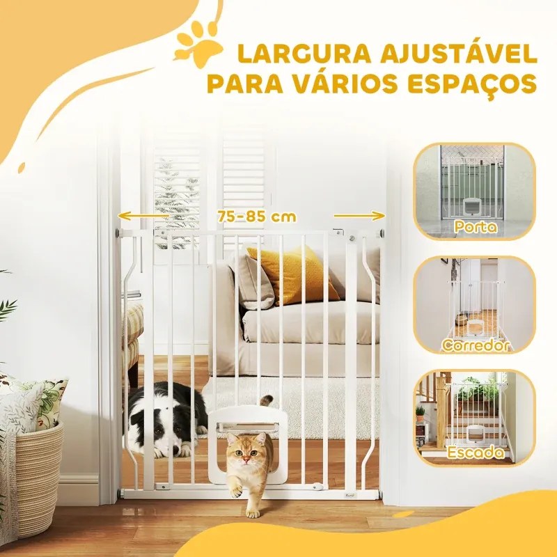 Barreira de Segurança Extensível para Cães 75-85 cm para Portas e Escadas com Portinhola Pequena Montagem por Pressão Duplo Bloqueio Branco