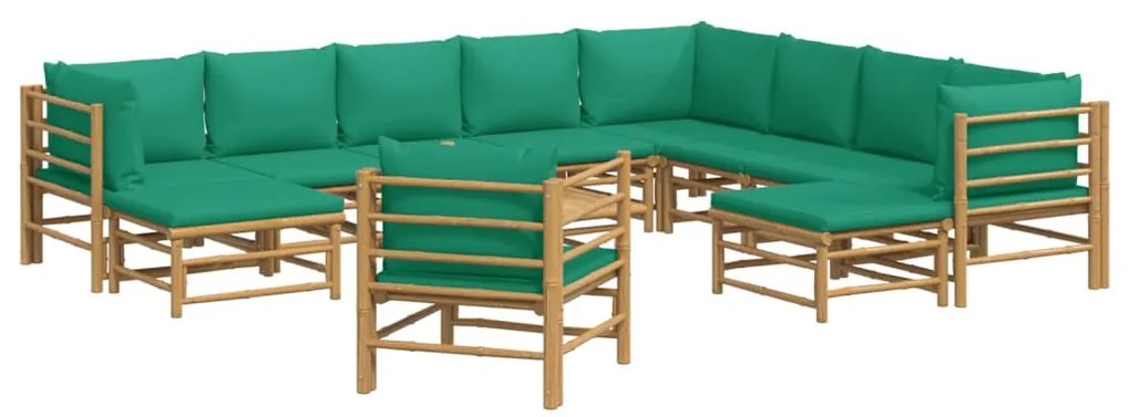 12 pcs conjunto lounge de jardim bambu c/ almofadões verdes