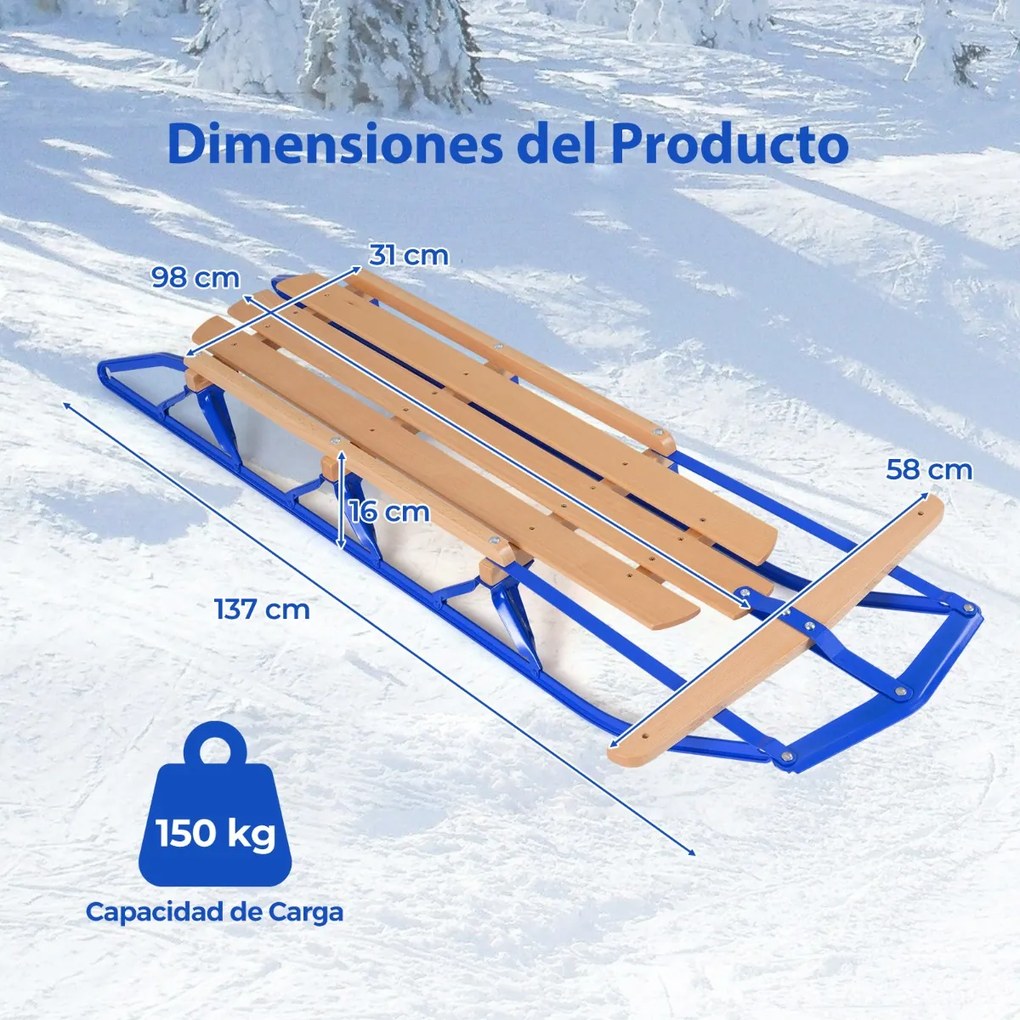 Trenó de metal e madeira 137 x 58 x 16 cm e barra de direção para adultos e crianças a partir dos 5 anos Capacidade de carga 150 kg Azul