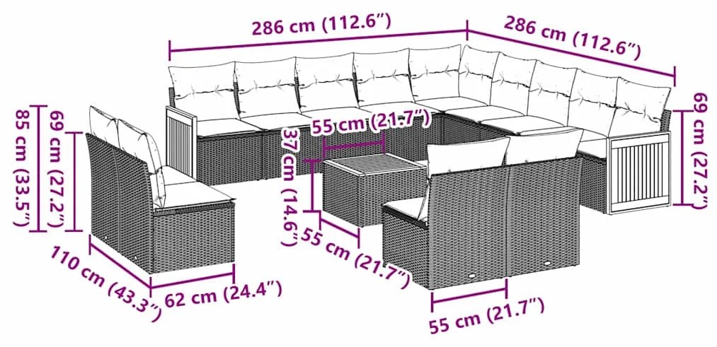 14 pcs conjunto de sofás p/ jardim c/ almofadões vime PE preto