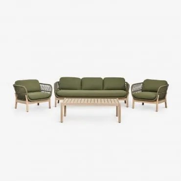 Conjunto De Jardim Karvia Com Sofá De 3 Lugares, 2 Poltronas E Mesa De Centro Em Alumínio E Madeira De Acácia Bouclé Verde Sálvia - Sklum