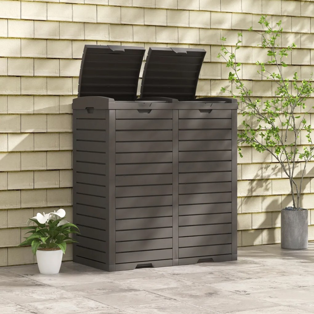 Caixote do lixo exterior 118 L x 2 com tampa dupla impermeável Alça para jardim Pátio Terraço Cozinha Castanho