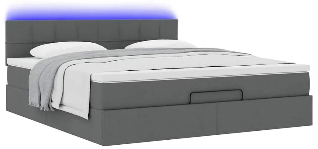 Cama Otomana com colchão &amp; LEDs 180x200cm tecido cinza-escuro