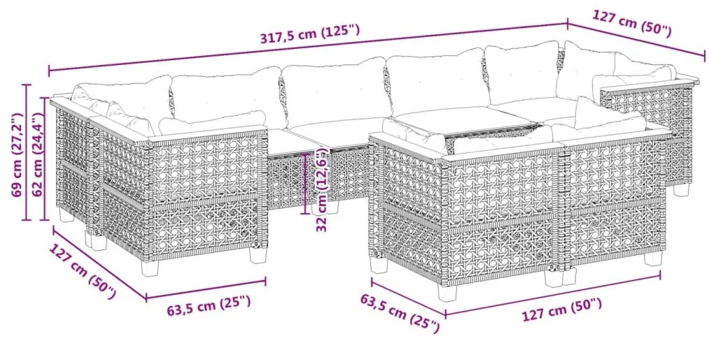 9 pcs conjunto de sofás p/ jardim c/ almofadões vime PE preto